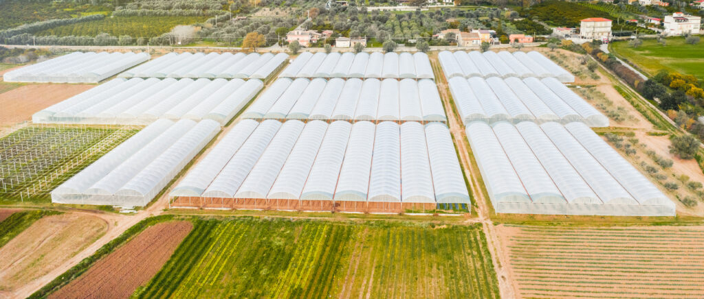 Vista aerea de estufas agricolas com cobertura de lona plastica branca